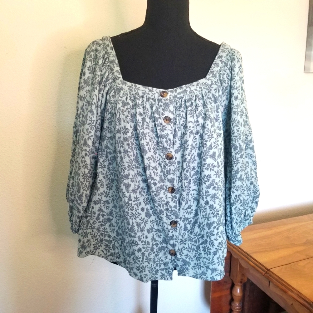 Supplies By Union Bay Cropped Cotton Top Square Neck CottageCore Blouse Blue L